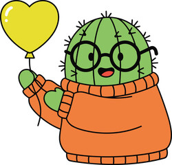 Cactus Character Design - Cute Succulent in Orange Sweater Holding Yellow Heart Balloon