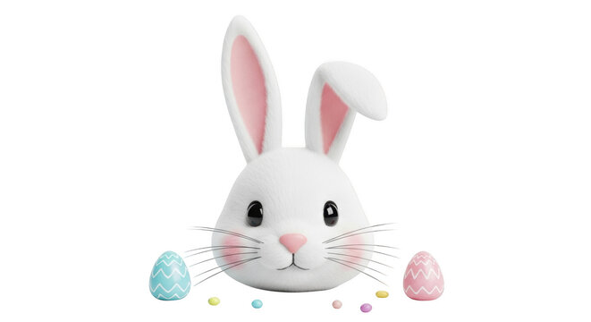 White fluffy bunny face with pink ears surrounded by colorful Easter eggs and candies isolated on a transparent background