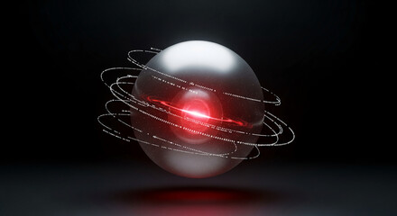 Sphere with red light core and orbital rings. Futuristic, technological concept representing data, communication, connection, and innovation