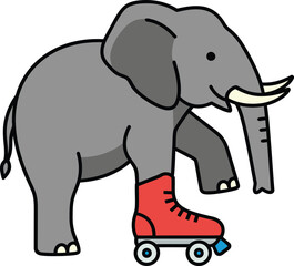 Elephant Roller Skating Sticker - Cute Animal Character Vector for Kids Graphic Design