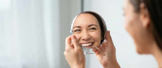 Woman smiling in mirror, happy face reflection, selfcare and confidence concept