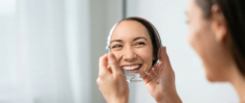Woman smiling in mirror, happy face reflection, selfcare and confidence concept