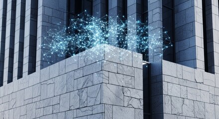 Digital Ghost Network Floating Over Enduring Stone Structure Hyper Detailed Modernization Concept