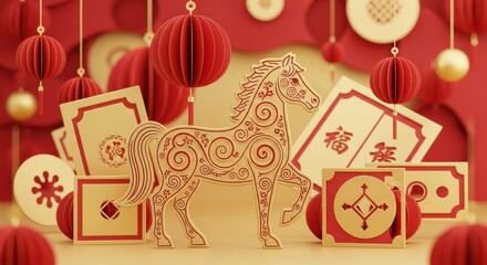 Opulent 3D Paper Art Golden Horse and Auspicious Symbols Festive Celebration