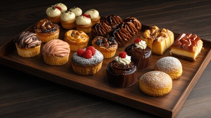 A variety of delicious pastries and desserts displayed on a tray