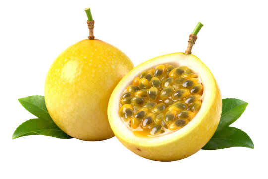 Fresh Whole and Cut Yellow Passion Fruit with Leaves
