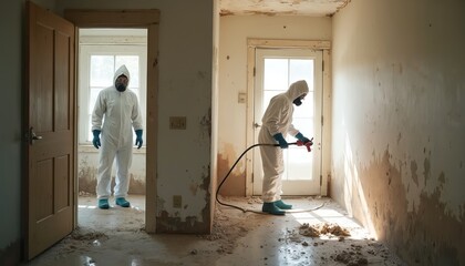 Two pro workers in full hazmat suits clean severely damaged room. One sprays moldy wall with potent chemicals for effective remediation. Another worker stands in doorway observing scene. Experts