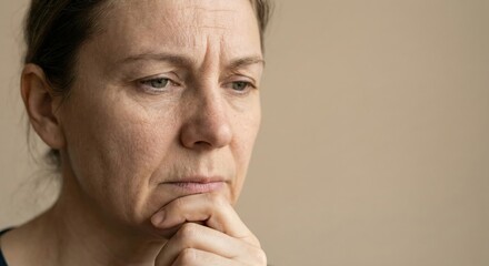 Fototapeta premium Senior woman thinking, pensive expression, hand on chin, looking down Concept of contemplation, worry, or deep thought