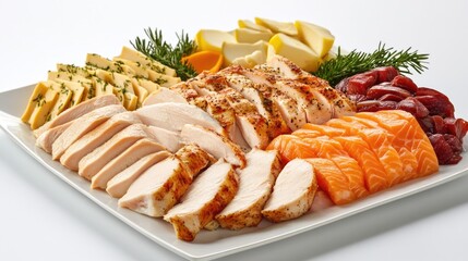 A variety of lean protein sources including sliced turkey, grilled chicken breast, assorted cheeses, and fresh fish fillets