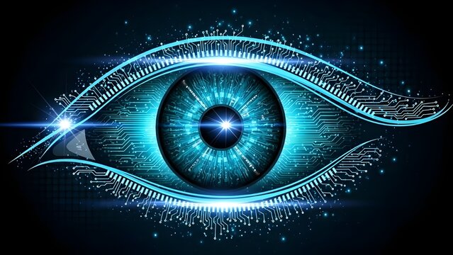 A futuristic digital eye with blue circuits and glowing light on a dark background - Powered by Adobe