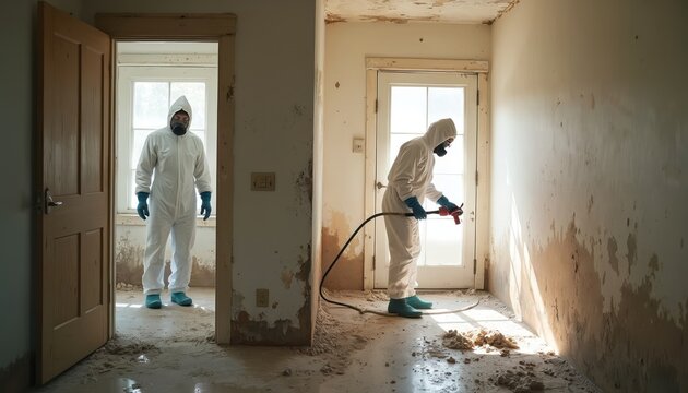 Two pro workers in full hazmat suits clean severely damaged room. One sprays moldy wall with potent chemicals for effective remediation. Another worker stands in doorway observing scene. Experts