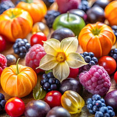 Close-up of assorted berries and ground cherries showcasing vibrant colors