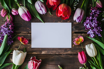Blank white card surrounded by colorful tulips and lilacs for spring events design