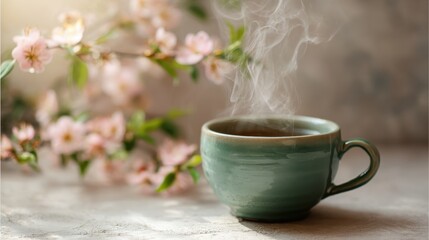 Steaming green cup of tea with blossoming cherry branches in soft natural light.