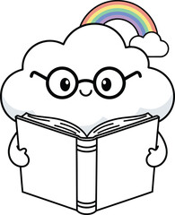 Reading Cloud Sticker - Cute Bookworm Character with Glasses and Rainbow Vector Illustration