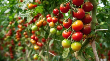 Obraz premium Fresh red and green tomatoes on vine in lush garden setting.
