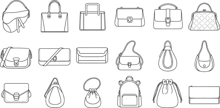 Collection of line art icons representing various types of handbags and purses for fashion.