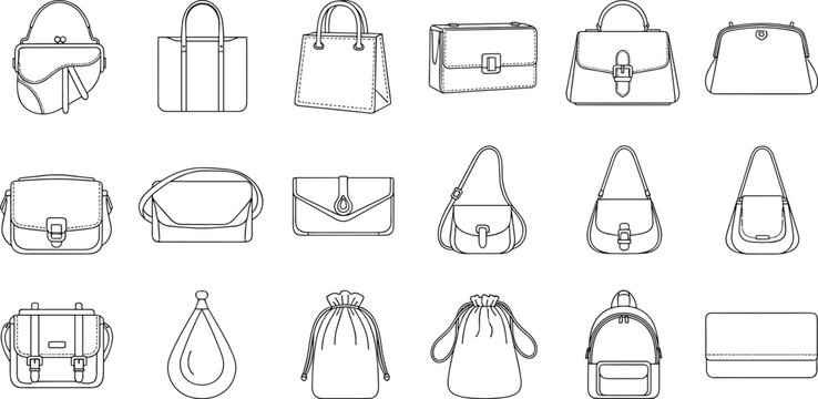 Diverse assortment of handbag and purse line art icons for fashion and accessory design.