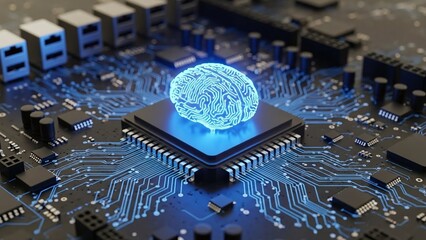 AI Chip with Glowing Blue Brain Effect on a Motherboard
