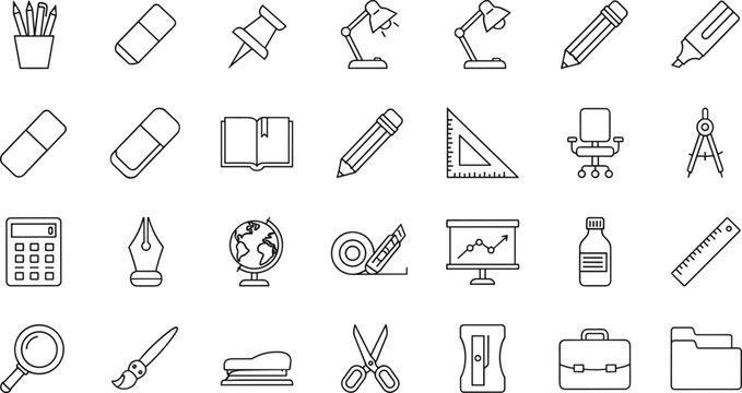 School and office supplies icons featuring stationery, writing tools, and desk accessories.