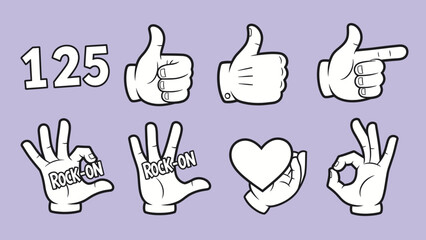 Fototapeta premium Collection of White Hand Gestures and Thumbs Up Icons on Pastel Purple Background