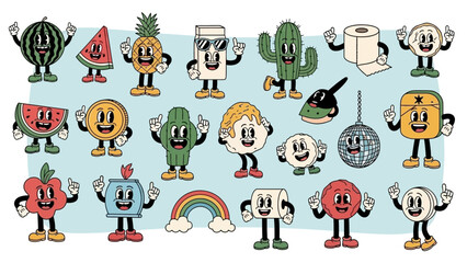Obraz premium Retro Cartoon Characters Collection of Fruits, Objects, and Plants