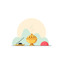 Fototapeta premium Golden incense burner with smoke and aromatic powder on table 