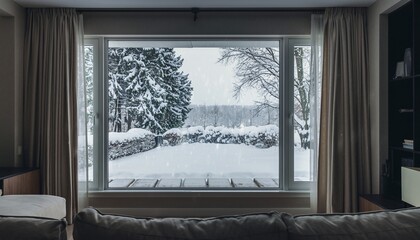 Cozy Living Room View of a Snowy Winter Landscape Outside the Window.