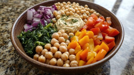 A vibrant and nutritious grain bowl with colorful vegetables, chickpeas, and hummus served in a rustic bowl for a healthy meal