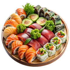 Artfully arranged sushi platter featuring fresh salmon, tuna, avocado rolls, vibrant colors