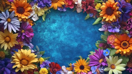 A vibrant arrangement of flowers surrounding a blank card for messages or notes.