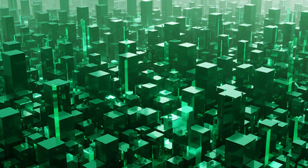 Image of many green geometric block, forming abstract urban landscape, representing complexity, innovation, and futuristic scenery for modern design