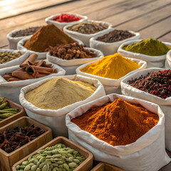 Assorted spices neatly arranged in individual packets