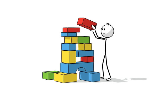 Two Stick Figures Building a Tower with Colorful Blocks in Bright Studio