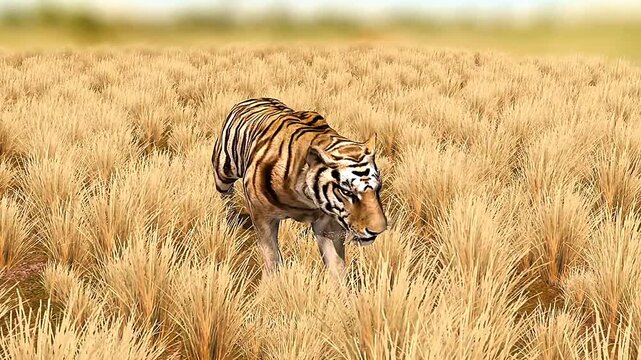 Sabre-toothed cat in its Pleistocene habitat, among forests and grasslands hunting prey.