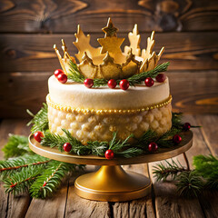 Golden crown elegantly placed atop a flaky, layered cake