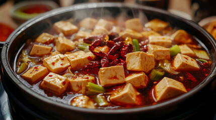 Spicy Tofu Stew with Vegetables and Herbs in Hot Pot