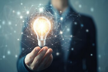 A person holds a bright idea light bulb with a glowing network.
