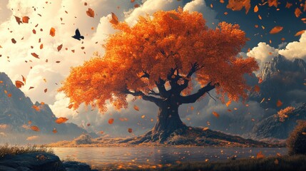 A vibrant autumn tree with bright orange leaves surrounded by falling foliage in a serene landscape.