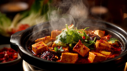 Spicy Tofu Stew with Vegetables and Herbs in Hot Pot