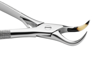 Dental extraction forceps with curved beaks and textured handles isolated on a transparent background