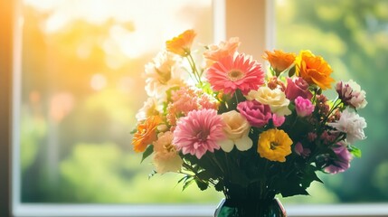 A vibrant bouquet of assorted flowers in a vase, illuminated by sunlight streaming through a window, creating a warm atmosphere
