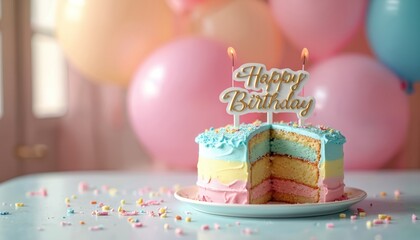 Vibrant layered birthday cake with Happy Birthday topper, lit candle sits on light blue table. One slice cut, revealing colorful pink yellow blue layers. Sprinkles scatter on surface. Soft party