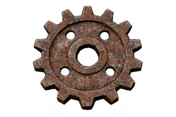 Rusty gear cogwheel element showing corrosion and metal degradation for old industrial mechanics and steampunk designs
