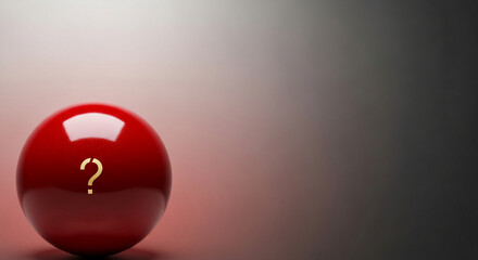 A glossy, red sphere with a golden question mark, positioned on a gradient background. Symbolizes uncertainty, mystery, or quest for answers