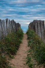 St Andrews, Scotland: sandy path with green bush between a wooden fence leading to West Sands Beach, sandy beach backed by dunes and the legendary St Andrews Links golf courses