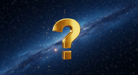 Shiny golden question mark on dark blue, celestial background, representing mystery, uncertainty and inquiry, suitable for educational content or puzzle concept