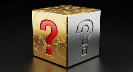 Image of a cube, half golden with a red question mark, half silver with a question mark. Represents mystery, contrast, and duality, perfect for business