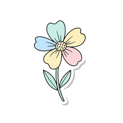 Fototapeta premium Pastel colored flower with yellow center and green stem and leaves isolated on a transparent background