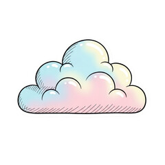 Fototapeta premium Pastel colored fluffy cloud with hand drawn outline and shading isolated on a transparent background